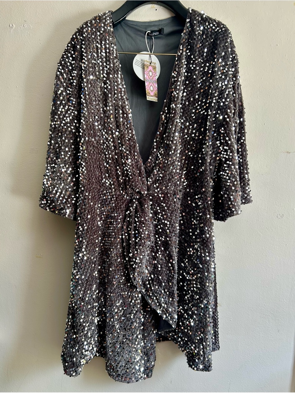 Silver Sequin Wrap Cocktail Dressy boohoo plus sequin twist front Kimono Dress